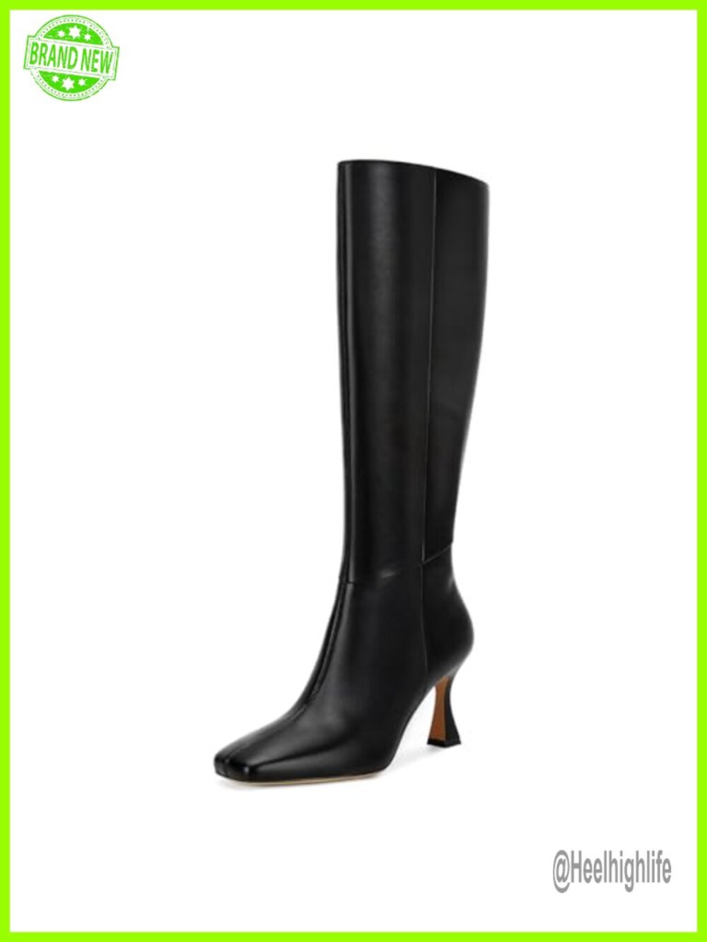 Knee High Boots Black Faux Leather Square Toe Kitten Heel Side Zipper Dress